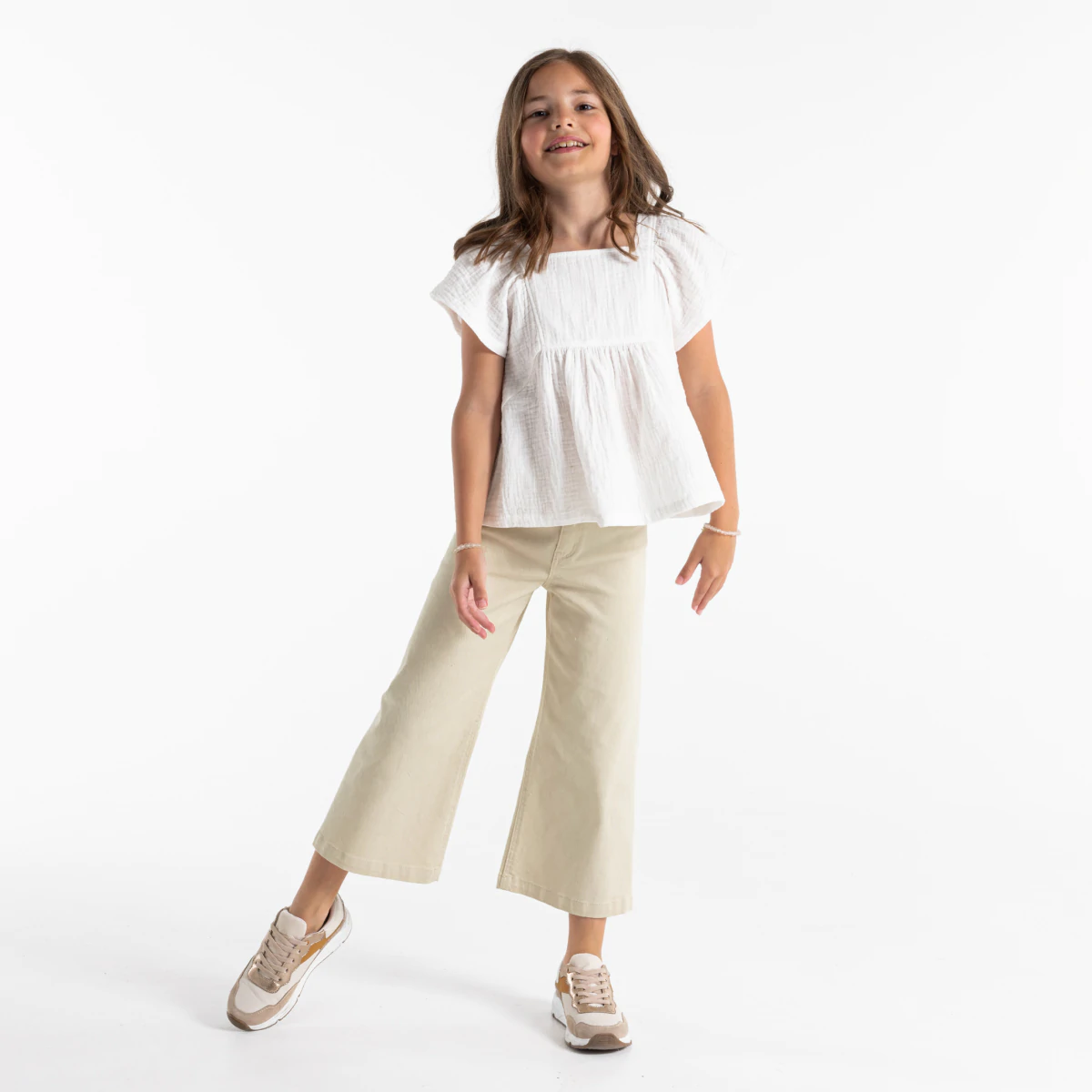 White wide leg stretch canvas pants Size 3Y Color Blanc Farine