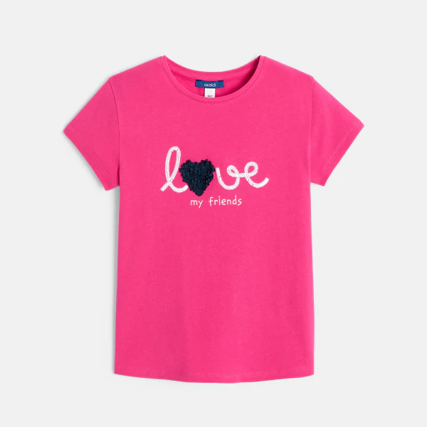 Girls' short-sleeved pink T-shirt with love slogan