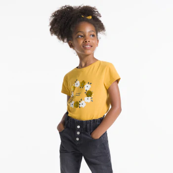 Girl's yellow floral and sequined t-shirt