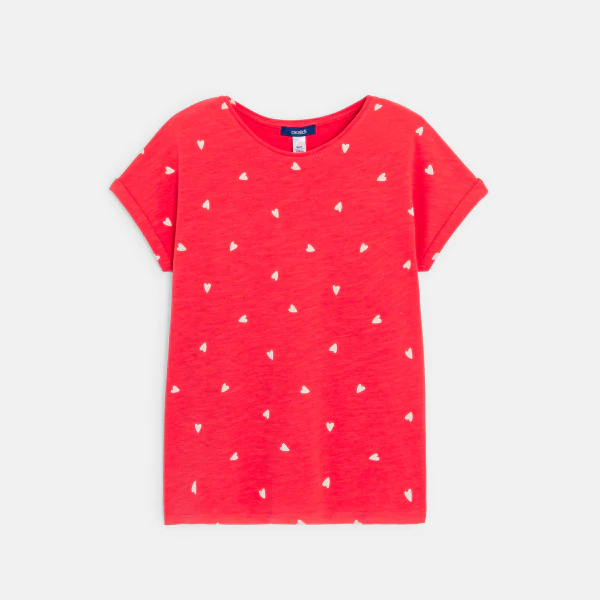 Girl's red short-sleeve T-shirt with heart motif