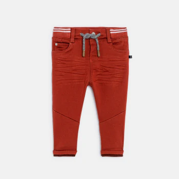 Baby boy's red denim-fabric jeans with elasticated waist