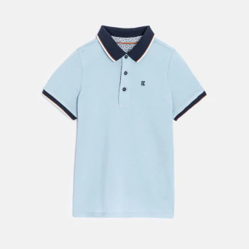 Boy's sky blue cotton piqué polo shirt with short sleeves