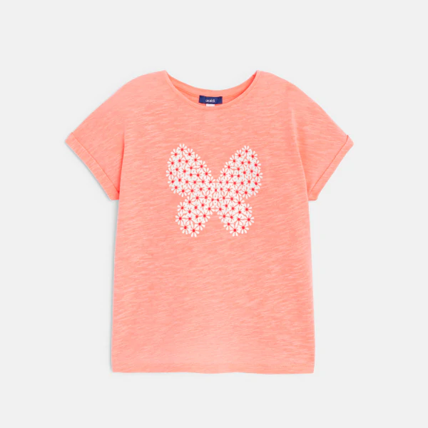 Girl's salmon pink short-sleeve T-shirt with butterfly motif