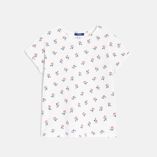 Girl's white short-sleeve T-shirt with cherry motif