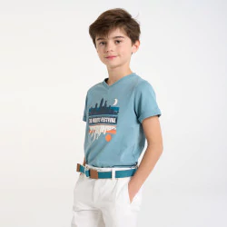 Boy's turquoise patterned T-shirt with short sleeves