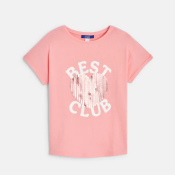 Girl's pink sequinned T-shirt with short sleeves