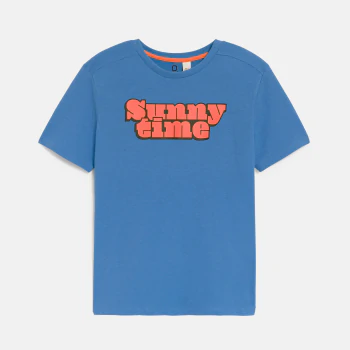 Boy's blue slogan T-shirt with short sleeves