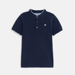 Boy's navy blue Mandarin collar short-sleeve polo shirt.