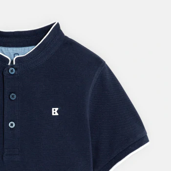 Boy's navy blue Mandarin collar short-sleeve polo shirt.