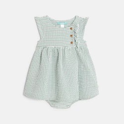 فستان قطن مخطط باللون الأخضر للفتيات الصغيرات