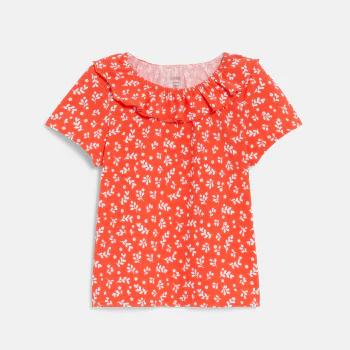 Baby girl's pink textured fabric T-shirt with ruffle collar