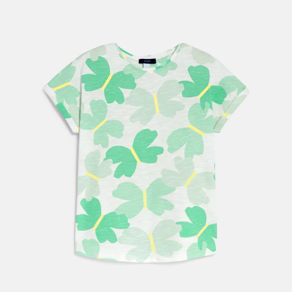 Girl's green short-sleeve butterfly print T-shirt