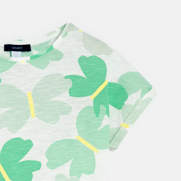 Girl's green short-sleeve butterfly print T-shirt