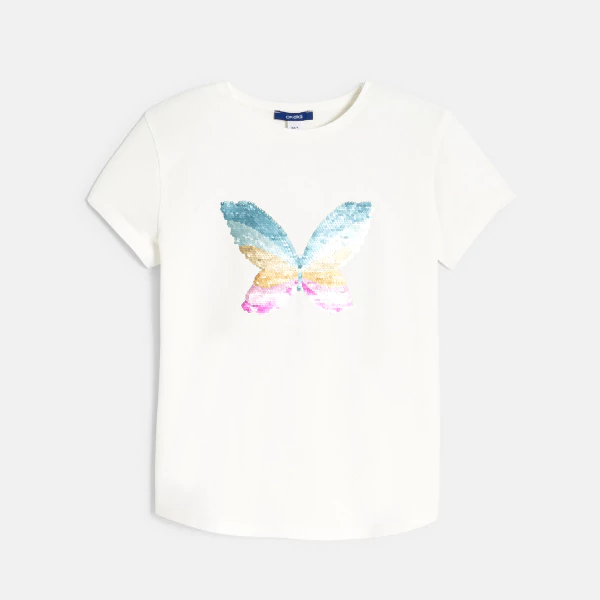 Girl's white short-sleeve T-shirt with magic sequins