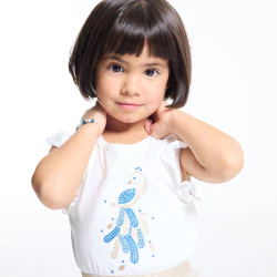 Baby girl's white T-shirt with a shiny peacock
