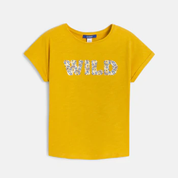 Girl's yellow short-sleeve T-shirt with embroidered slogan