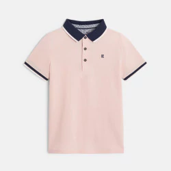Boy's pink cotton piqué polo shirt with short sleeves