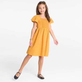 Girl's yellow dress with embroidered bib front
