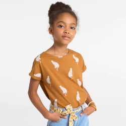 Girl's brown short-sleeve T-shirt with leopard motif