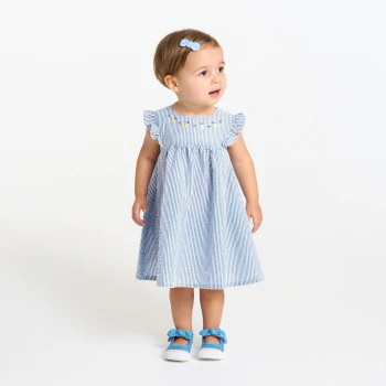 فستان قطن مخطط باللون الأزرق للفتيات الصغيرات