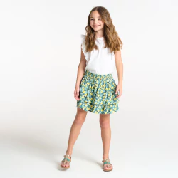 Girl's short green ruffled floral motif skirt