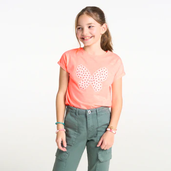 Girl's salmon pink short-sleeve T-shirt with butterfly motif